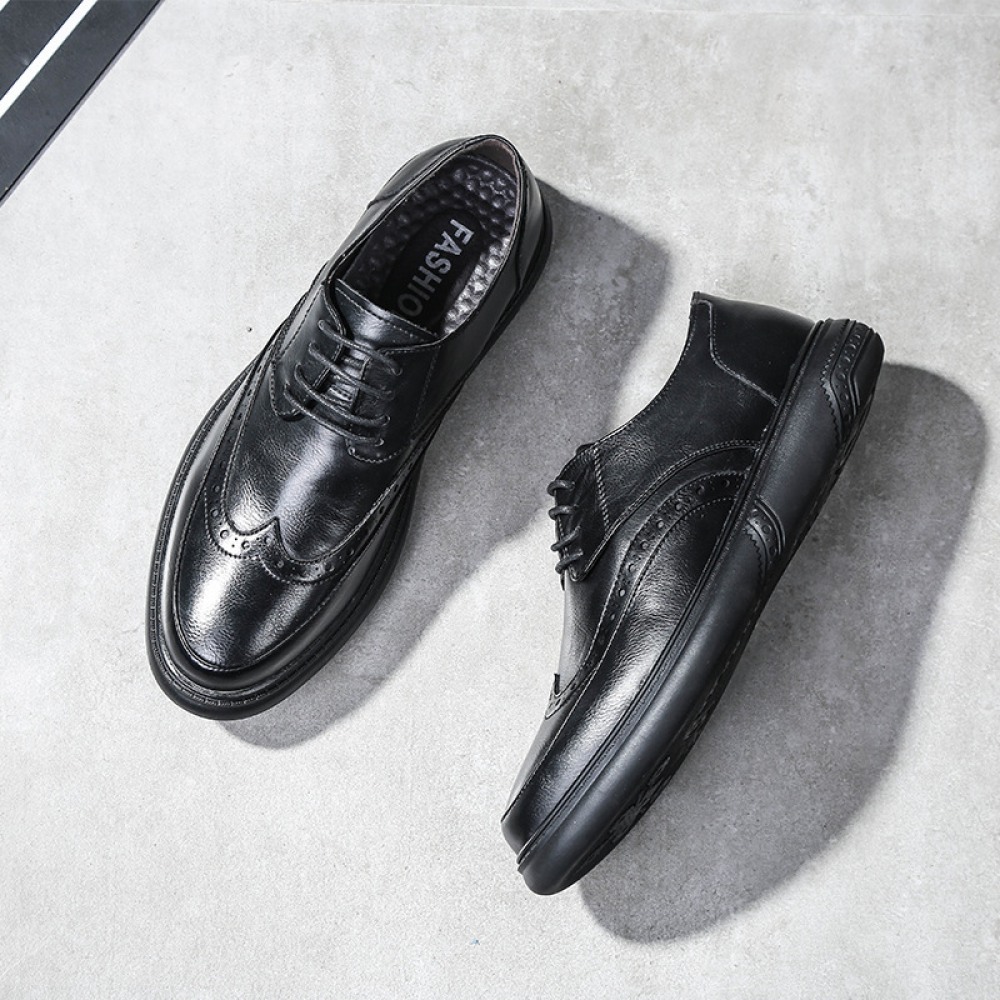 New Men's Casual Leather Shoes Round Toe Lace-Up Breathable Trend Shoes