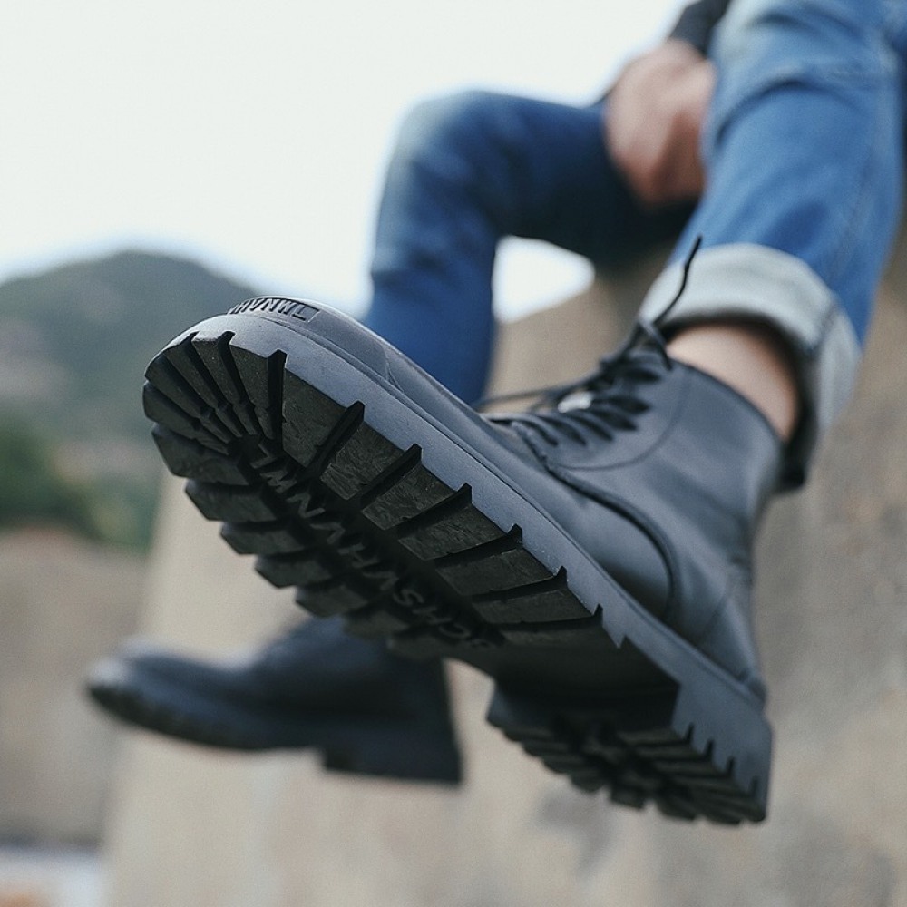 Black Martin Boots Men's Leather Mid-Top Boots Casual Shoes